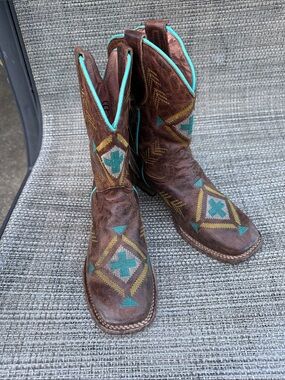 Roper Kids Brown Leather Embroidered Western Boots with Turquoise Trim